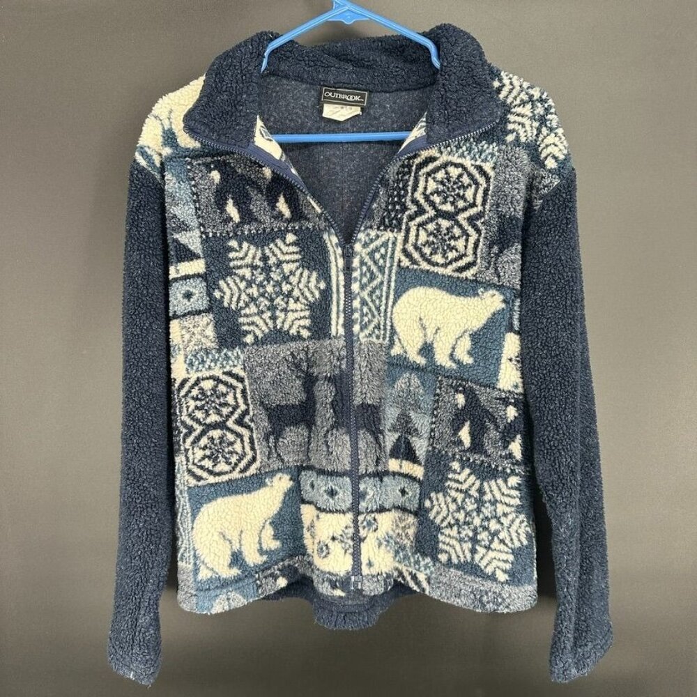 Vintage Outbrook Fleece Jacket M 90s Christmas USA Made Blue Womens